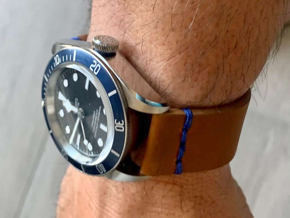 Thumbnail: BROWN, Thick, Crazy Horse Leather watch strap - BLUE Stitching