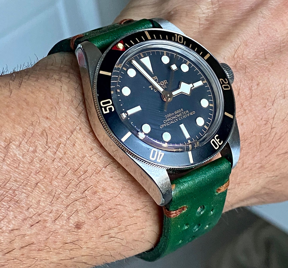 Thumbnail: GREEN TUSCAN Leather racing strap Pecan BROWN stitch