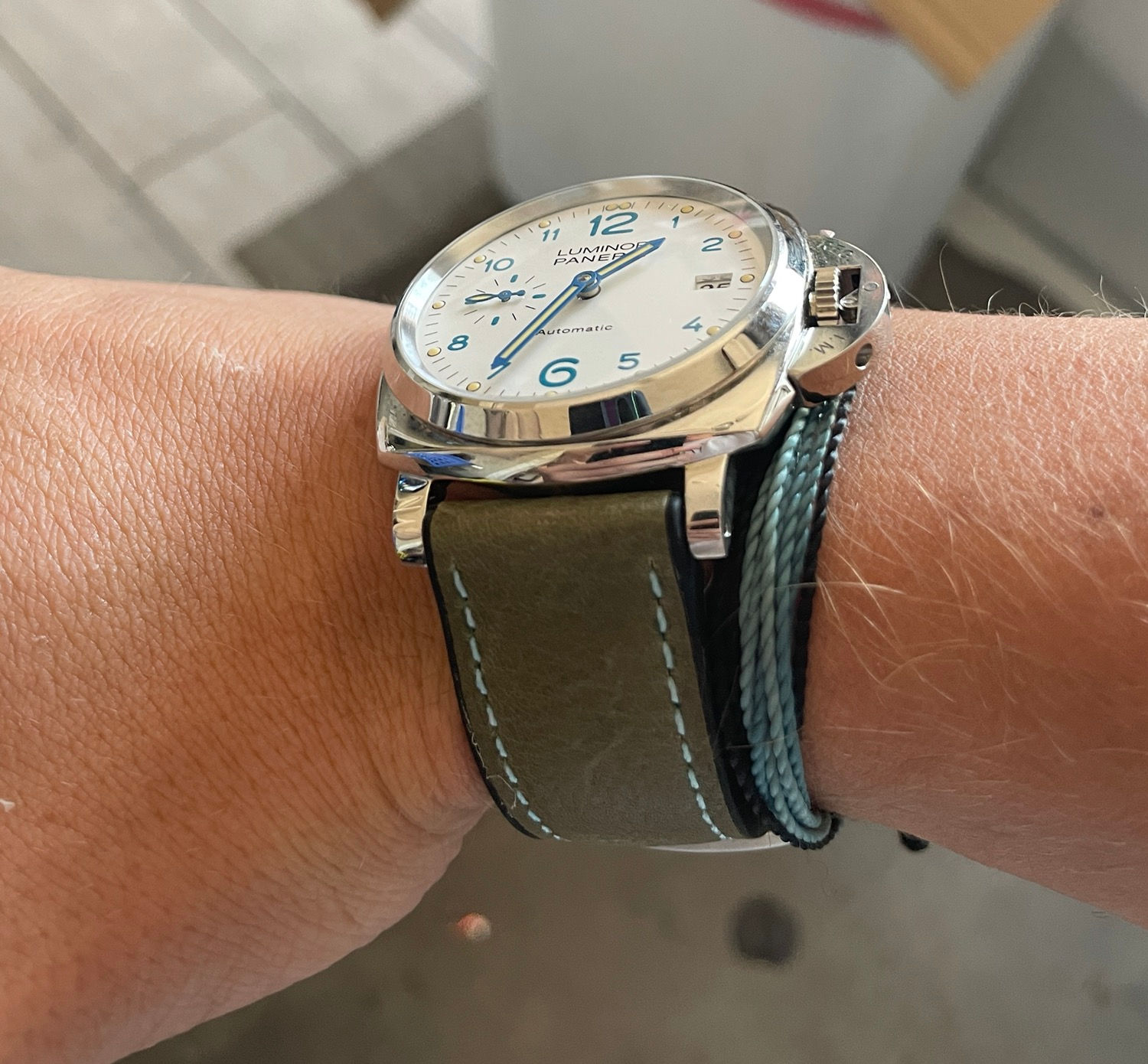 22mm Waterproof OLIVE GREEN Cow Hide Leather Watch Strap Rubber Bottom Lt. BLUE