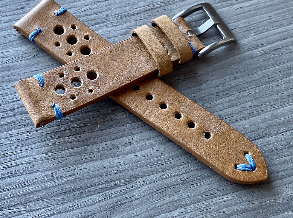 Thumbnail: TAN/BEIGE Thick, Crazy Horse Leather Racing watch strap - Lt. BLUE Stitch