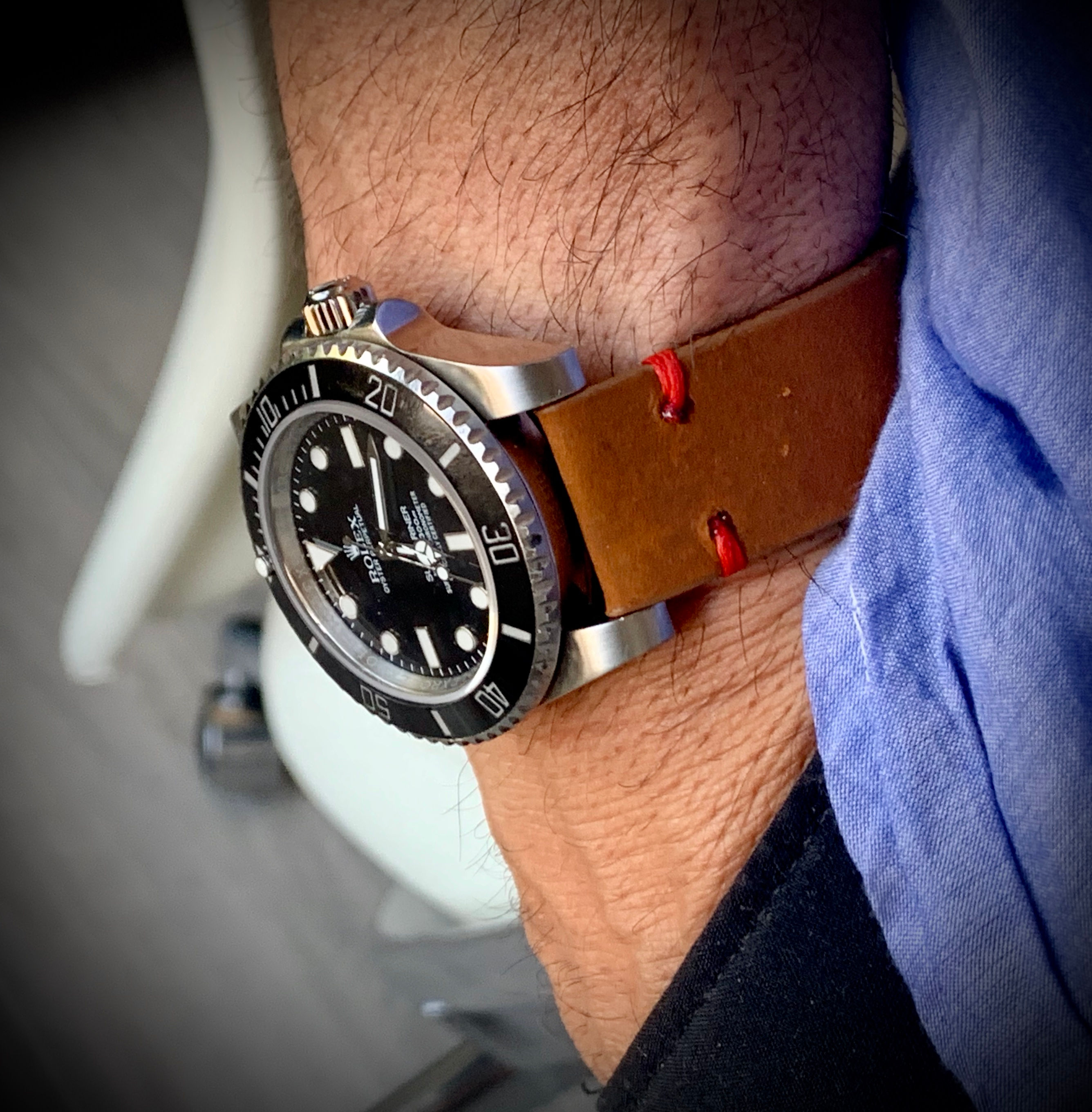 BROWN, Thick, Crazy Horse Leather watch strap - RED Stitching