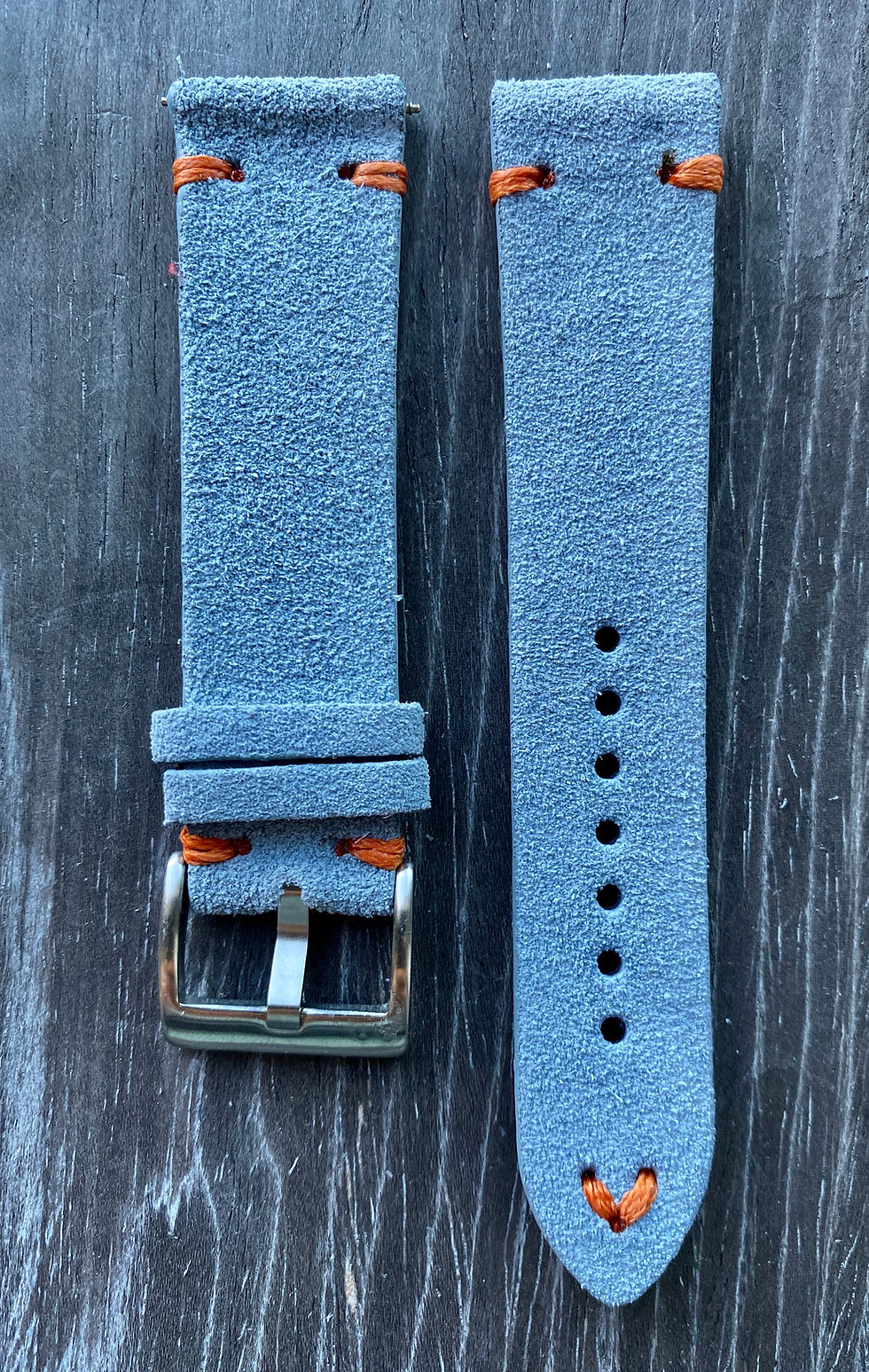 Thumbnail: Light BLUE Suede Vintage Leather strap band ORANGE stitch