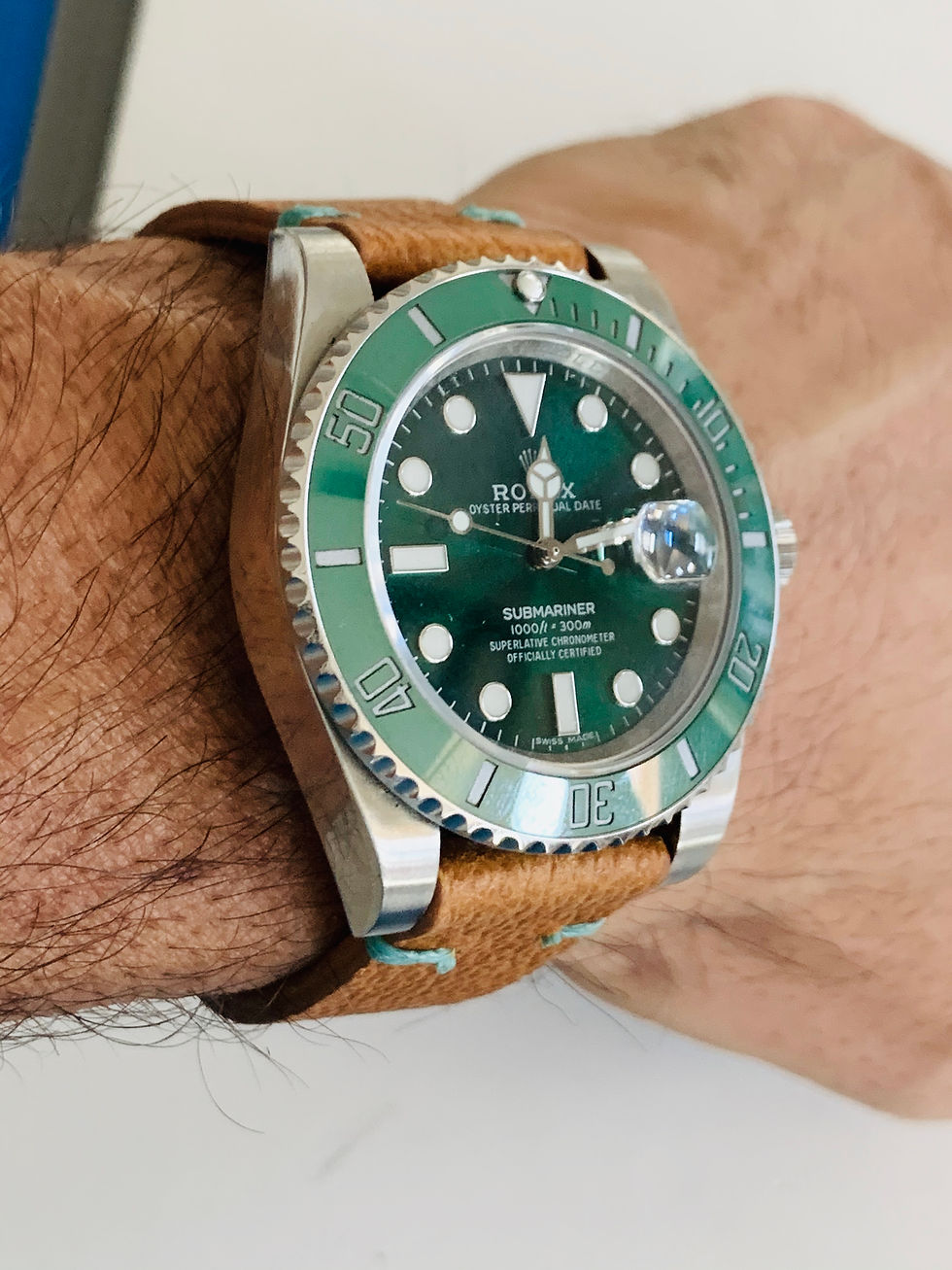 Thumbnail: TAN Horween Leather strap AQUA stitch 