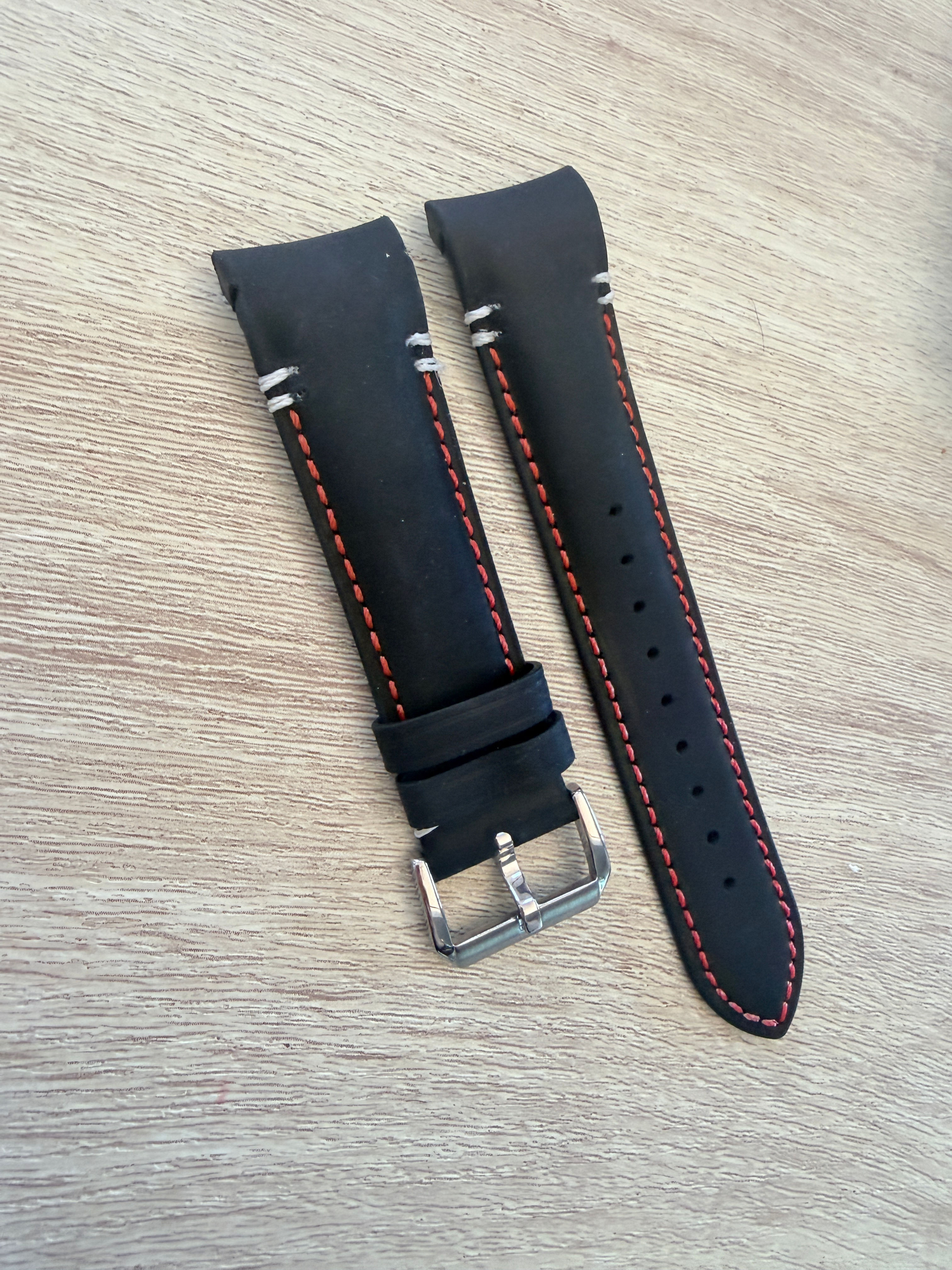 20mm BLACK Nubuck leather fitted curved strap RED stitch Rolex