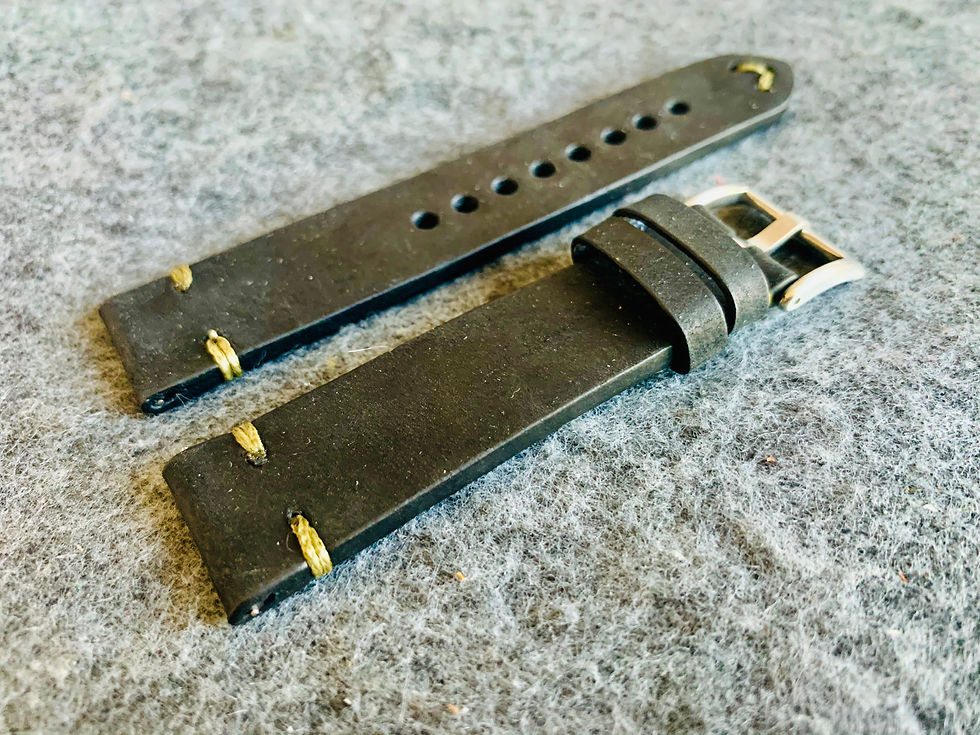 Thumbnail: Black Thick, Crazy Horse Leather watch strap - Olive Green Stitching