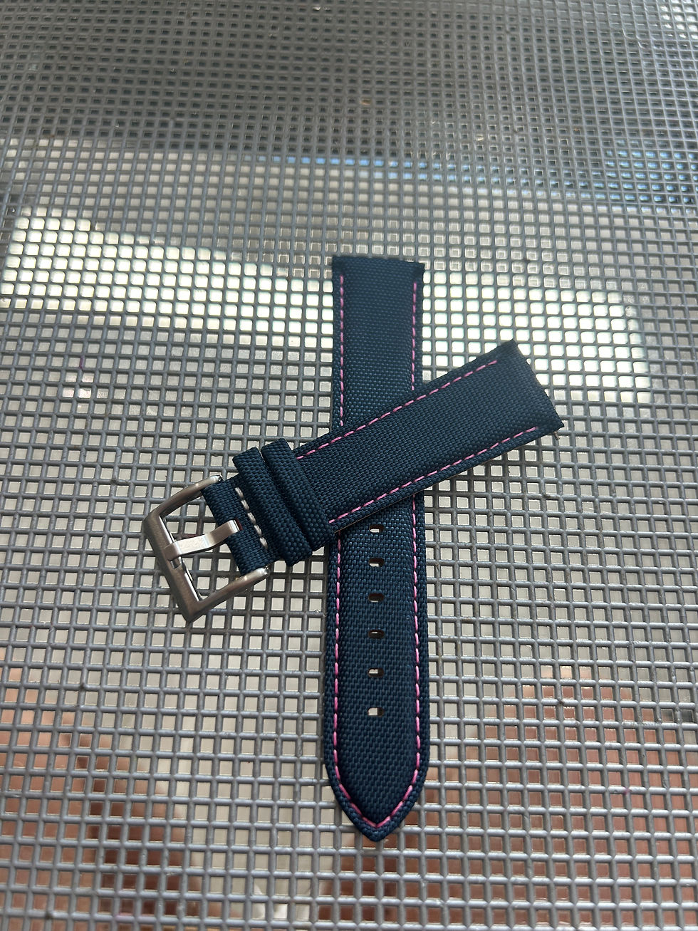 Thumbnail: 22mm GRAYBLUE Sailcloth Canvas/Leather watch strap PINK Stitch TUDOR Geneve