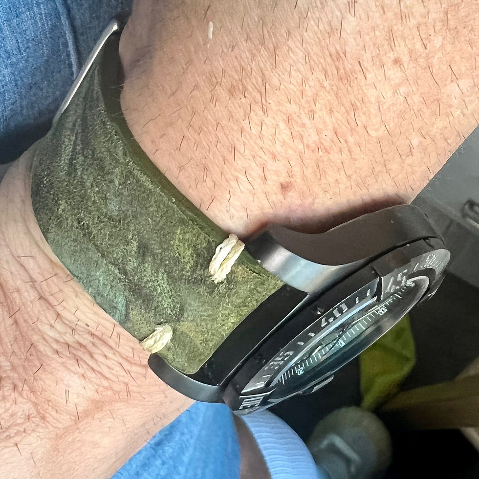 Thumbnail: Oiled & distressed Olive green leather with tan stitch