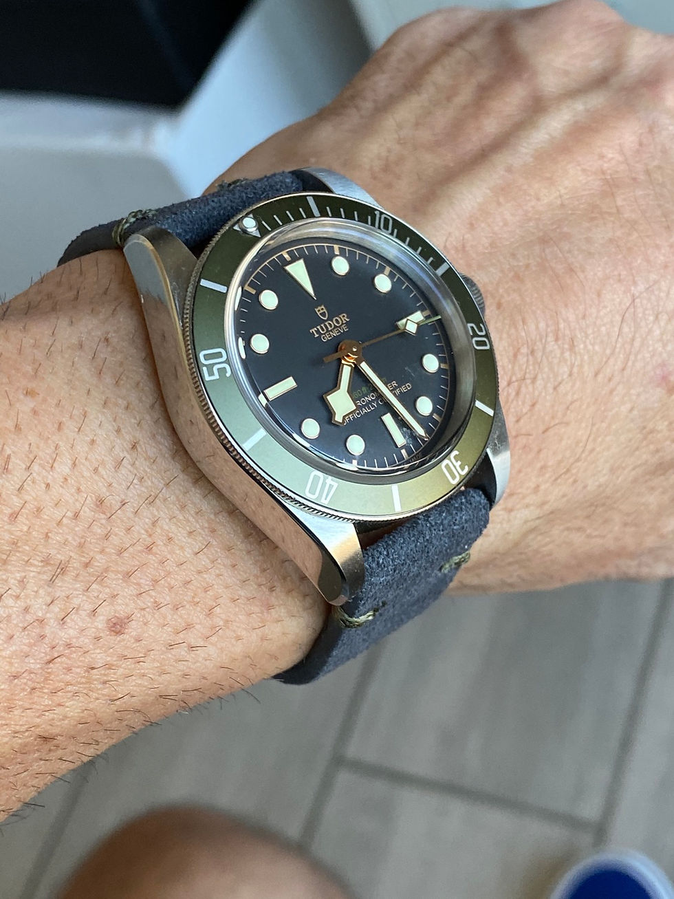 DARK GRAY Suede Leather Vintage strap Band DARK GREEN stitch