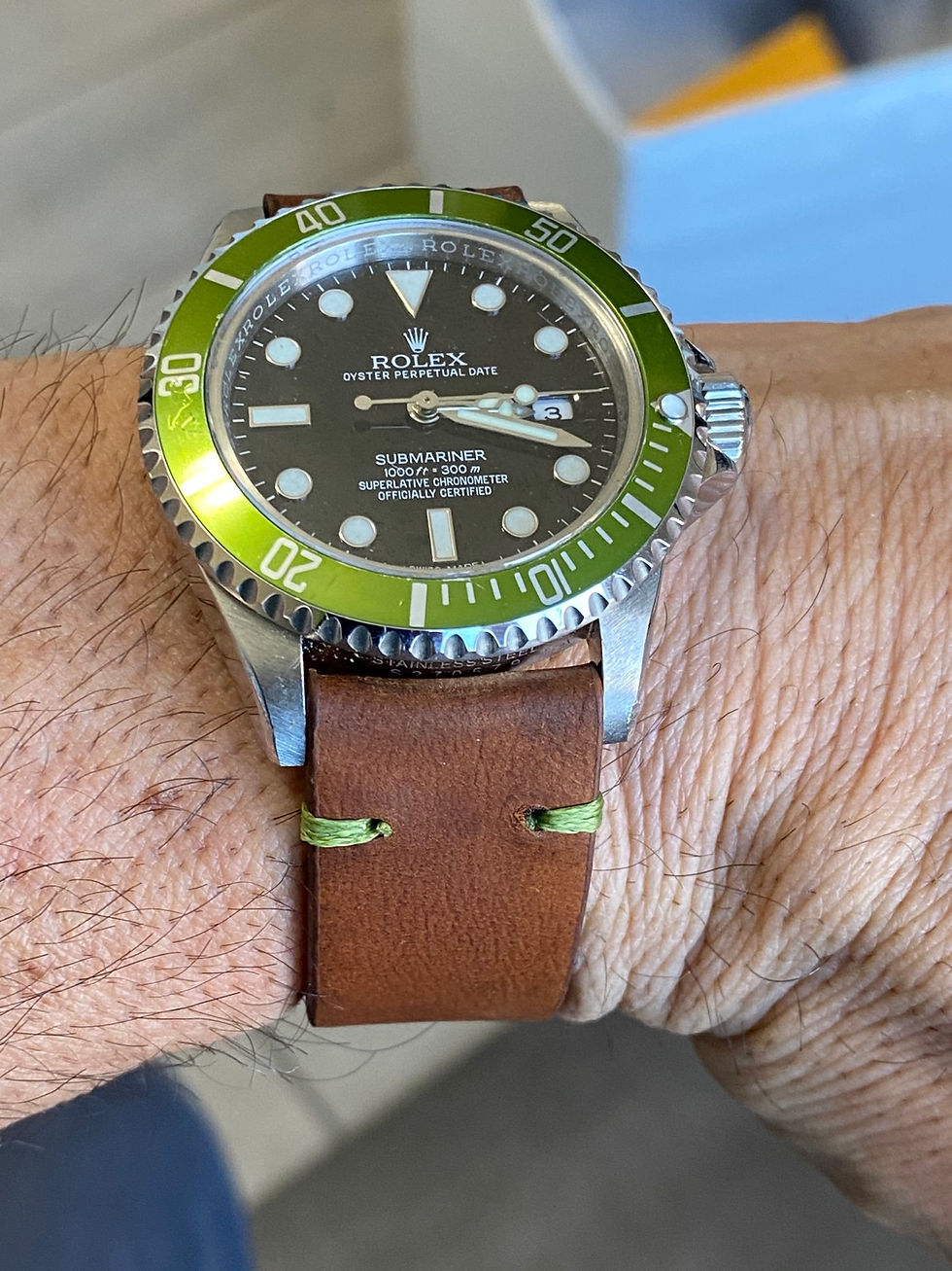 Thumbnail: BROWN “Antiqued Vintage” Leather strap GREEN stitch