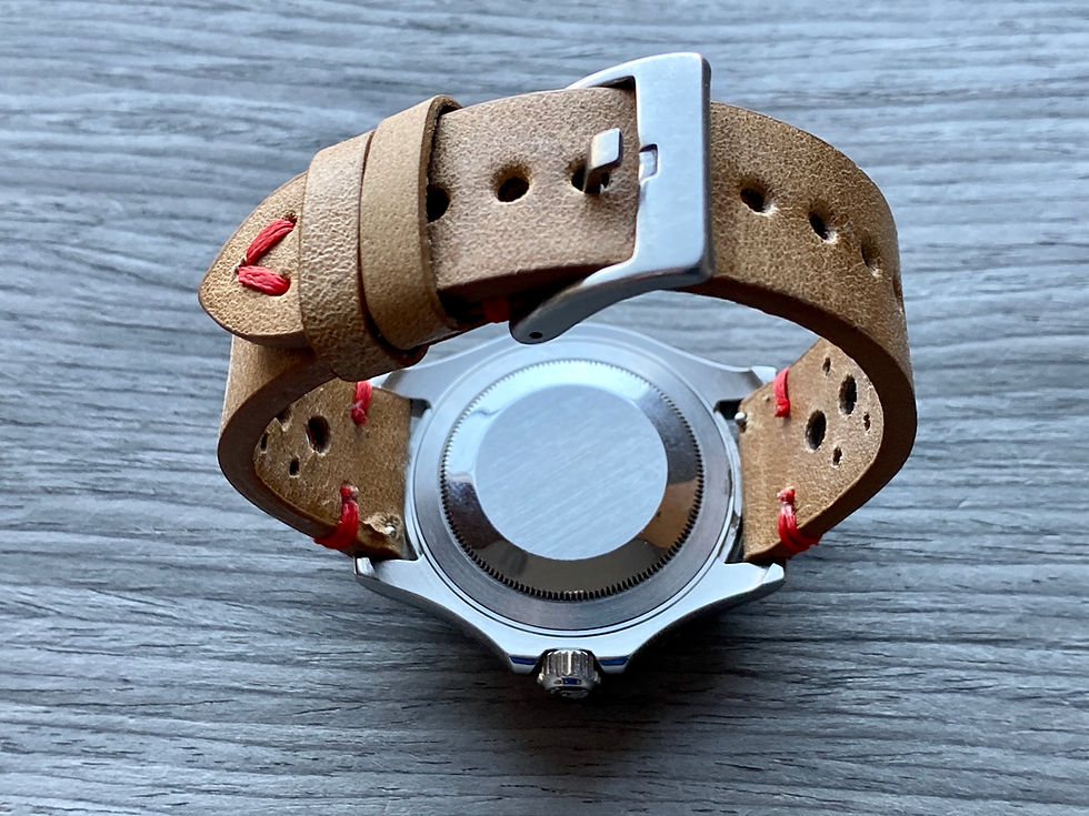 Thumbnail: TAN/BEIGE Thick, Crazy Horse Leather Racing watch strap - RED Stitch