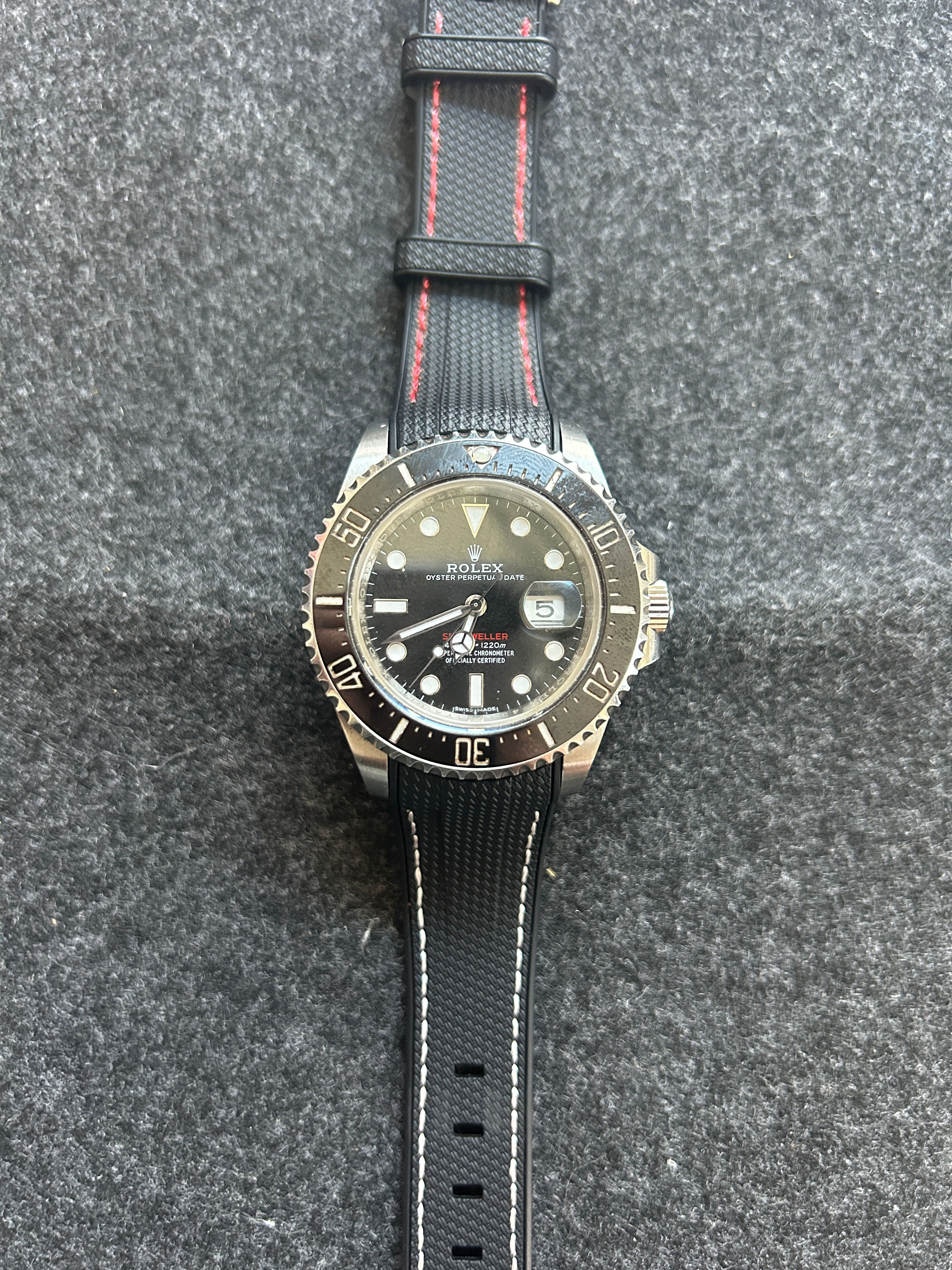 22mm BLACK Rubber Sailcloth RED/WHITE Stitch Rolex Sea-Dweller