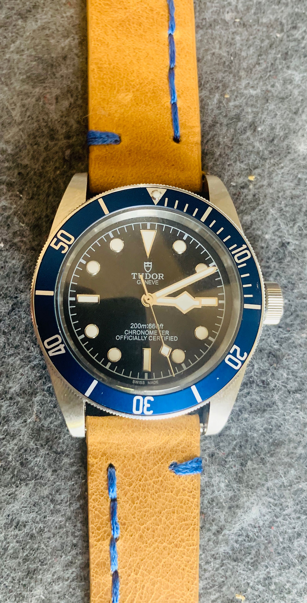 Thumbnail: Light BROWN Modern Vintage Leather strap BLUE stitching