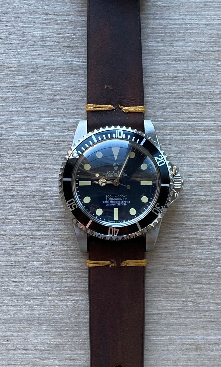 Thumbnail: Dark BROWN “Modern Vintage” Leather strap TAN stitch