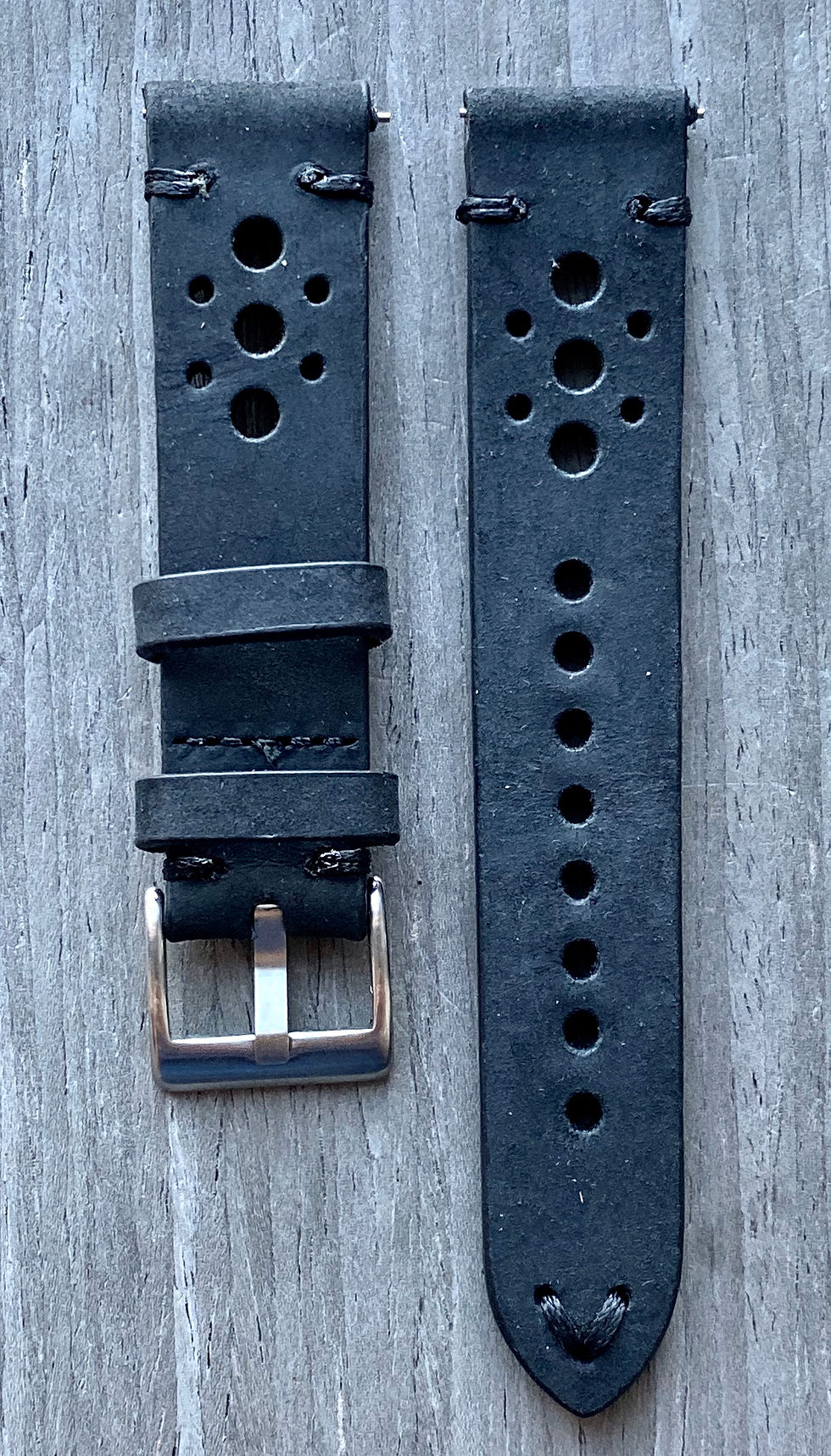 Thumbnail: BLACK Thick, Crazy Horse Leather Racing watch strap BLACK Stitch