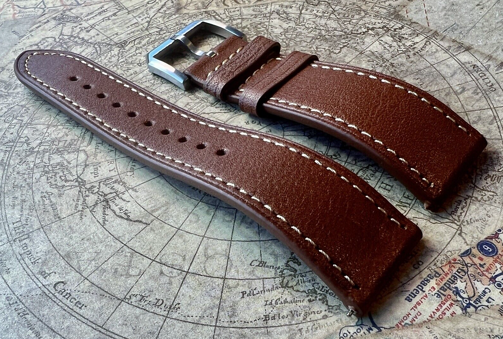 Thumbnail: BROWN thin Full Grain Leather Topside Watch Straps Band White stitch
