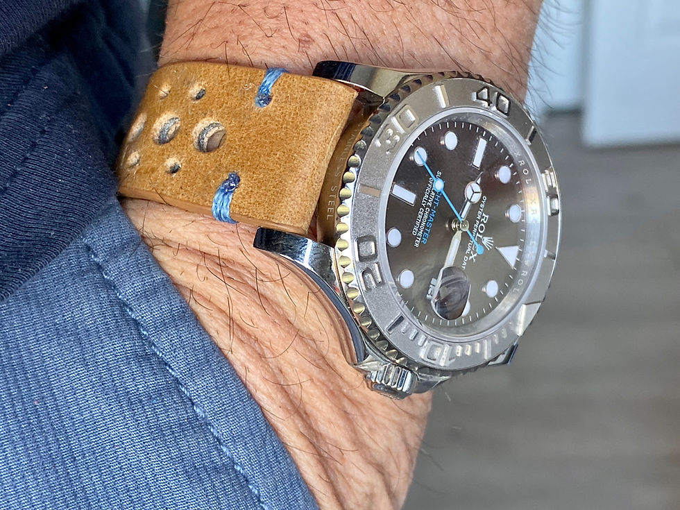 Thumbnail: TAN/BEIGE Thick, Crazy Horse Leather Racing watch strap - Lt. BLUE Stitch