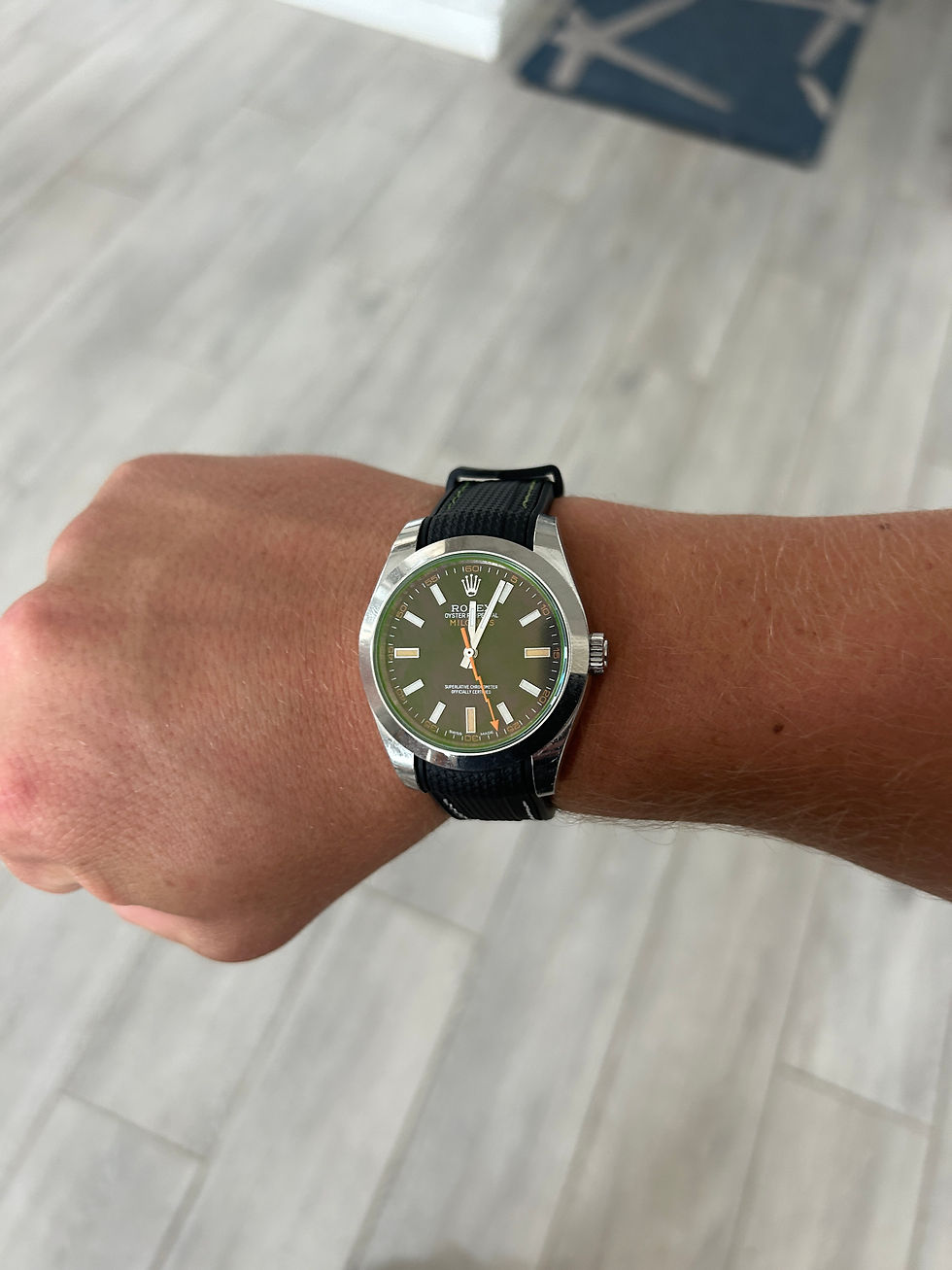 Thumbnail: 20mm BLACK Rubber Sailcloth GREEN/WHITE Stitch Rolex Milgauss