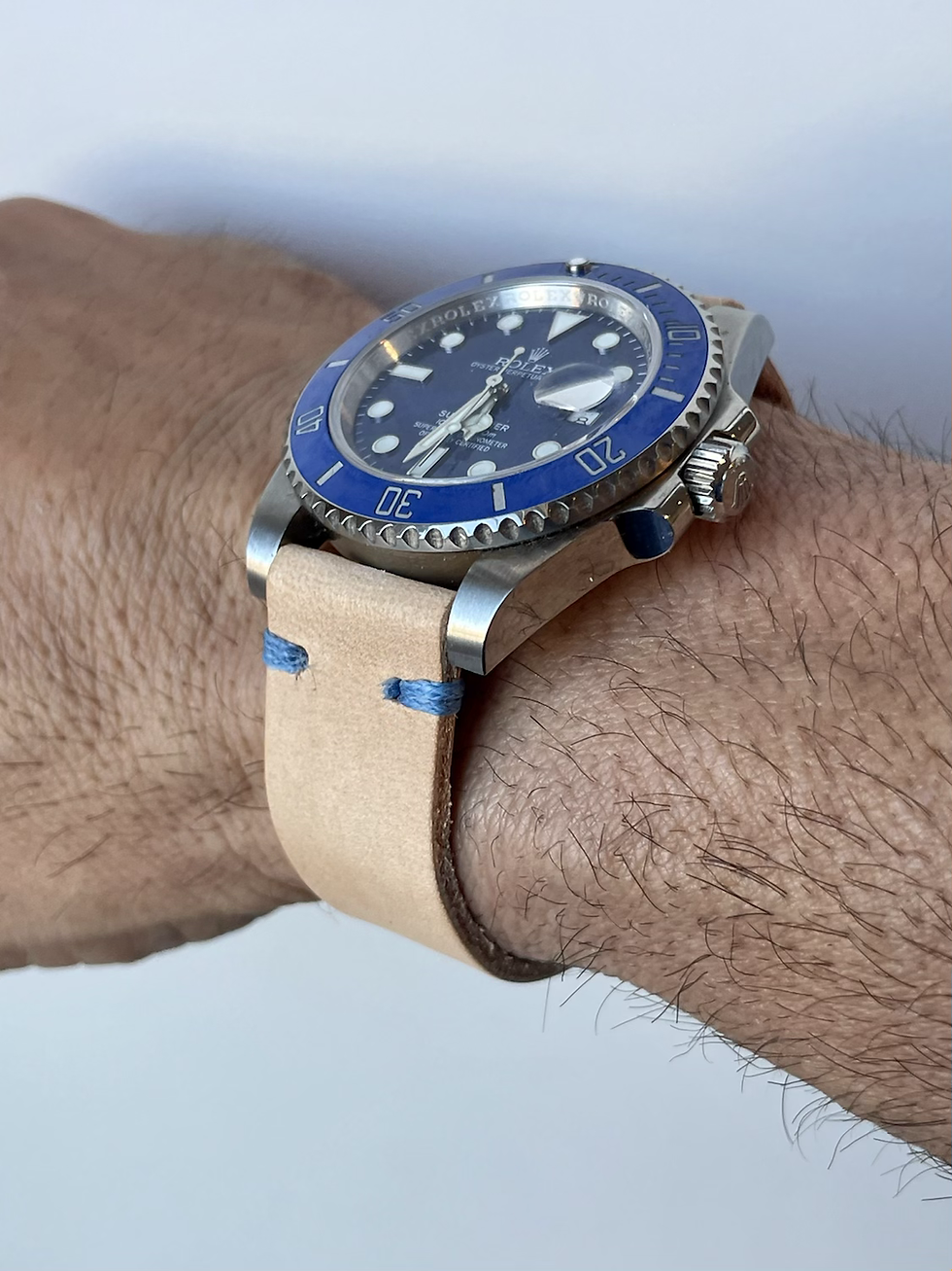 Thumbnail: TAN/BEIGE Vegetable Tanned Leather strap BLUE stitch