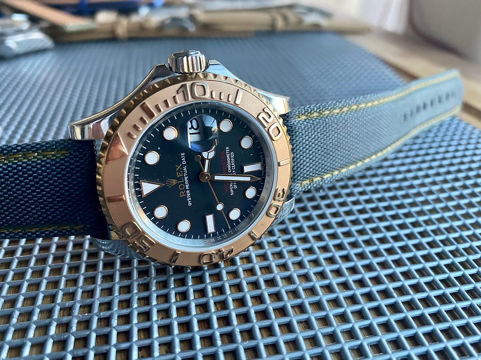 Thumbnail: DARK BLUE sailcloth strap GOLD stitch