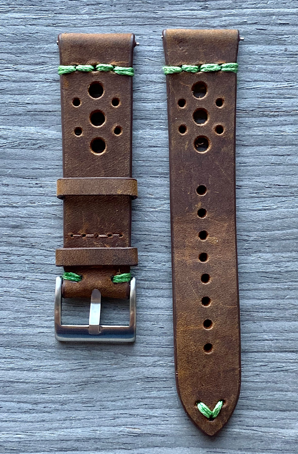 Thumbnail: DARK BROWN Thick, Crazy Horse Leather Racing watch strap GREEN Stitch