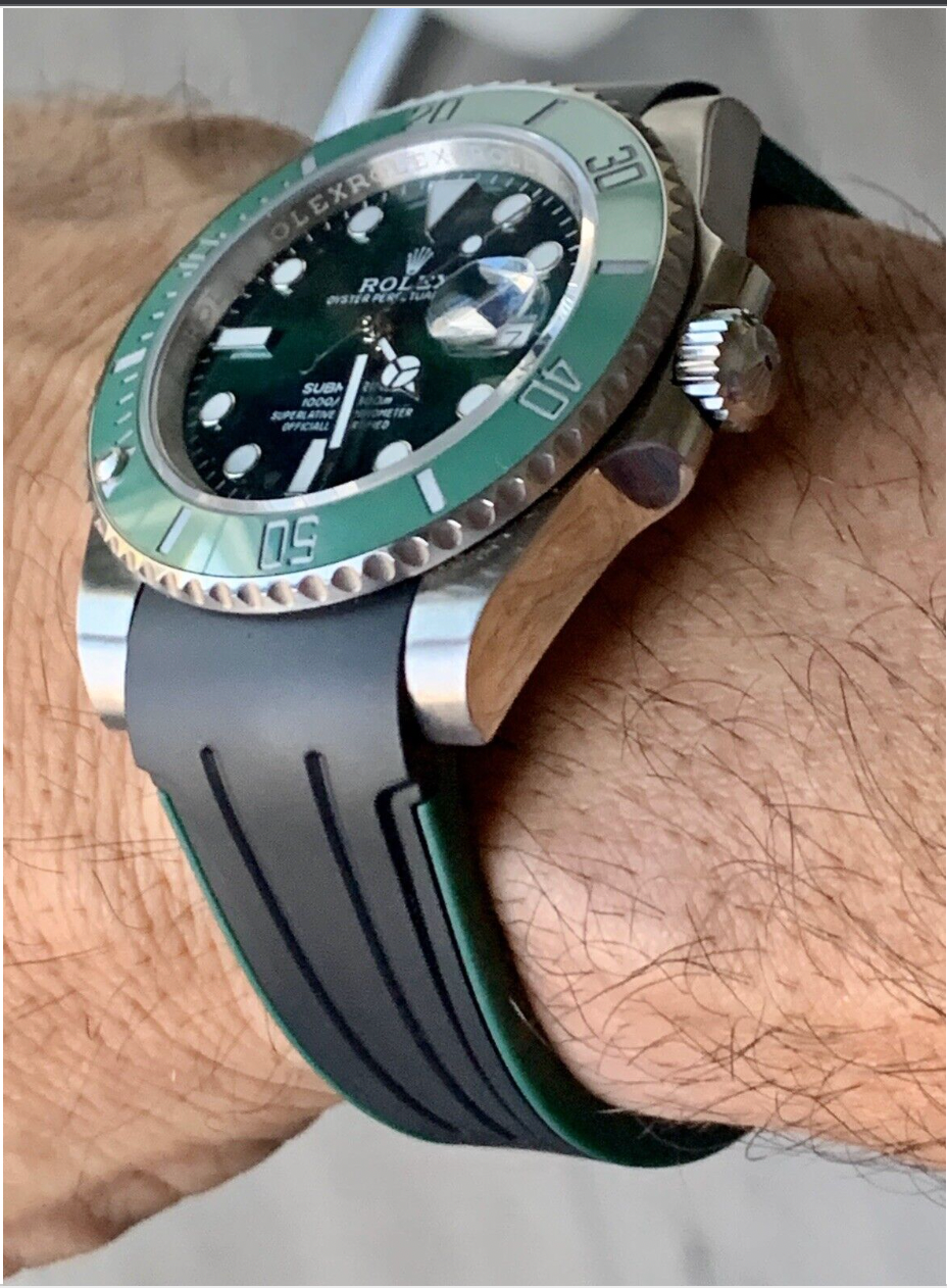 20mm BLACK & GREEN Rubber Strap Band Fits Rolex Watch Submariner with Deployment