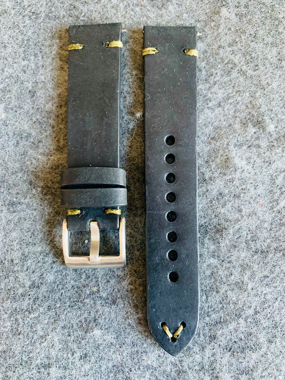 Thumbnail: Black Thick, Crazy Horse Leather watch strap - Olive Green Stitching