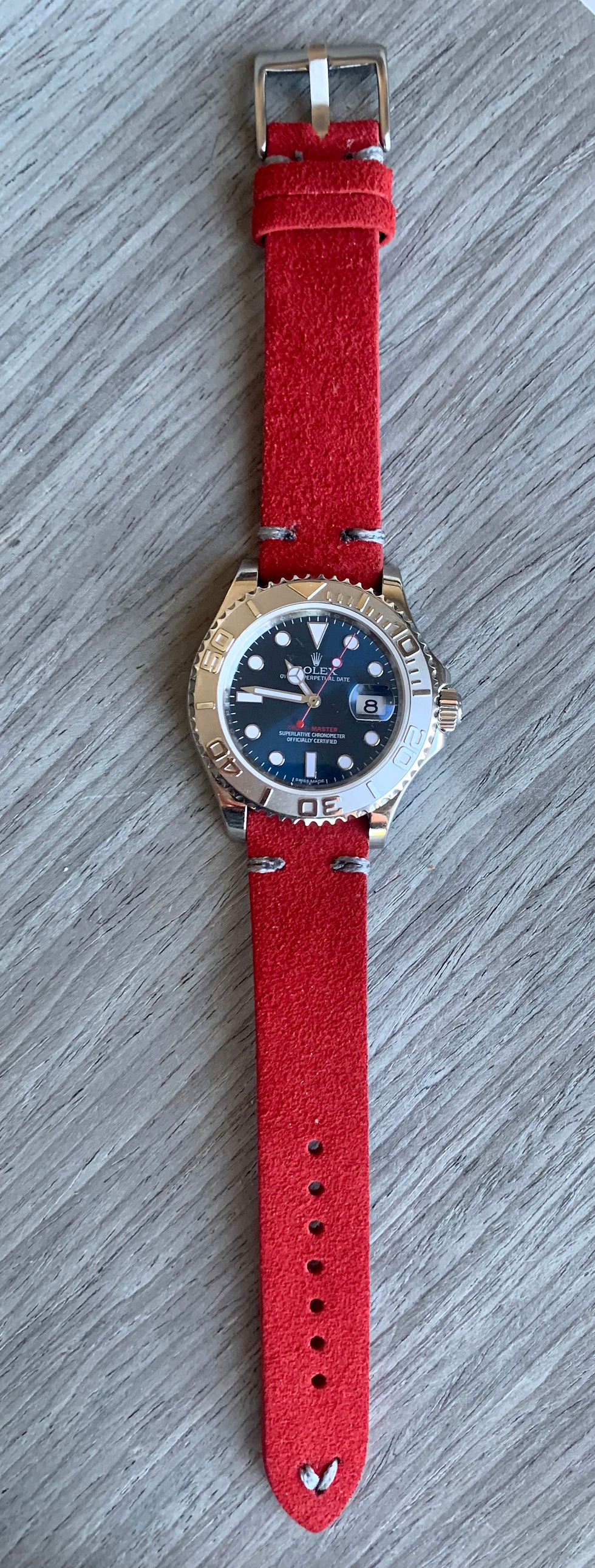 Thumbnail: Red Suede Vintage Leather strap GRAY stitching