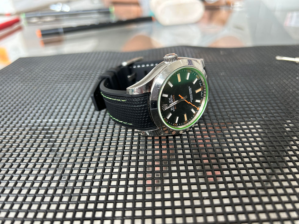 Thumbnail: 20mm BLACK Rubber Sailcloth GREEN/ORANGE Stitch Rolex Milgauss