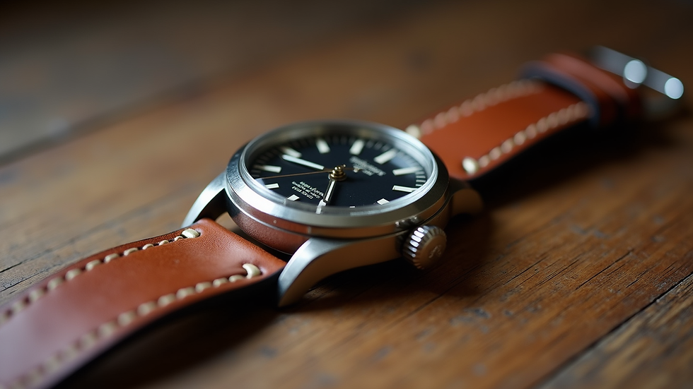Eye-level view of a handmade watch strap with a vintage watch on a wooden surface