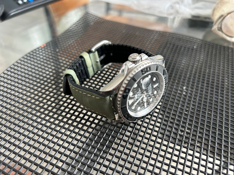 Thumbnail: 20mm GREEN Waterproof Rubber & Top Grain Leather strap, open WHITE stitching