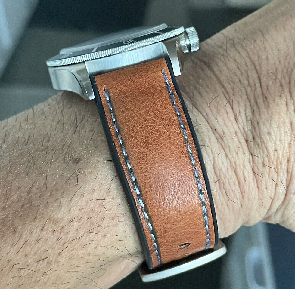 Thumbnail: Waterproof BROWN Leather Watch strap Rubber Bottom BLUE stitch