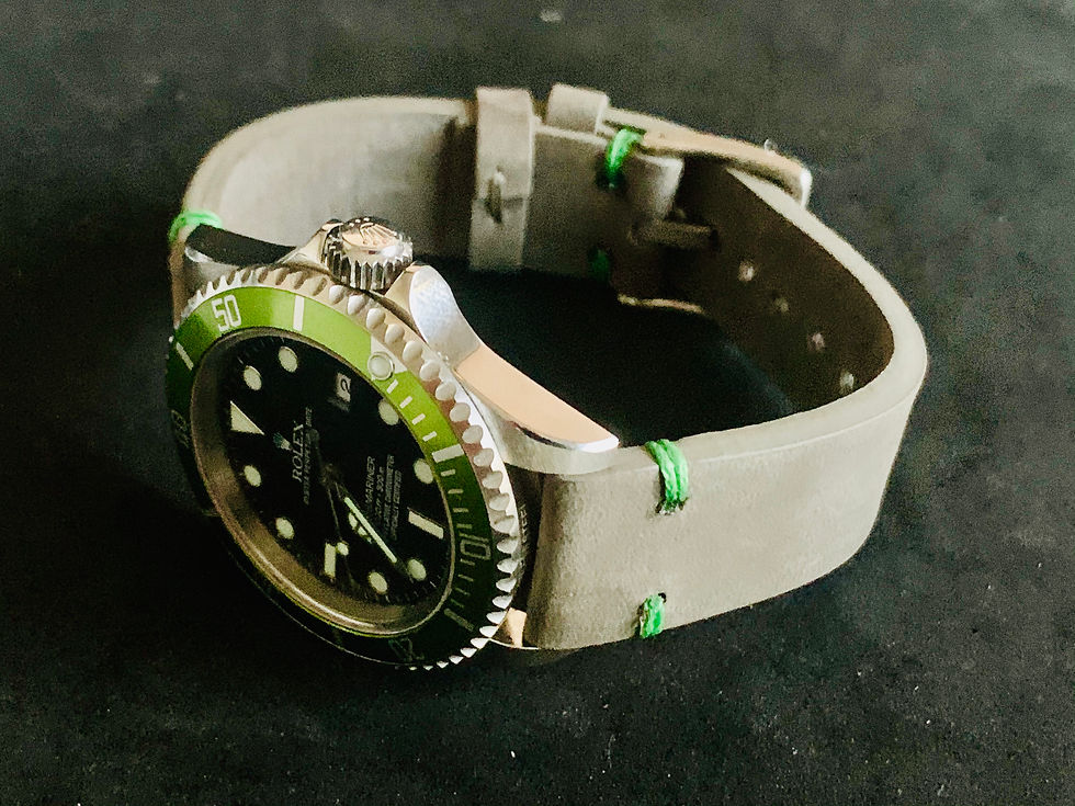 Thumbnail: Gray Thick, Crazy Horse Leather watch strap - Green Stitching