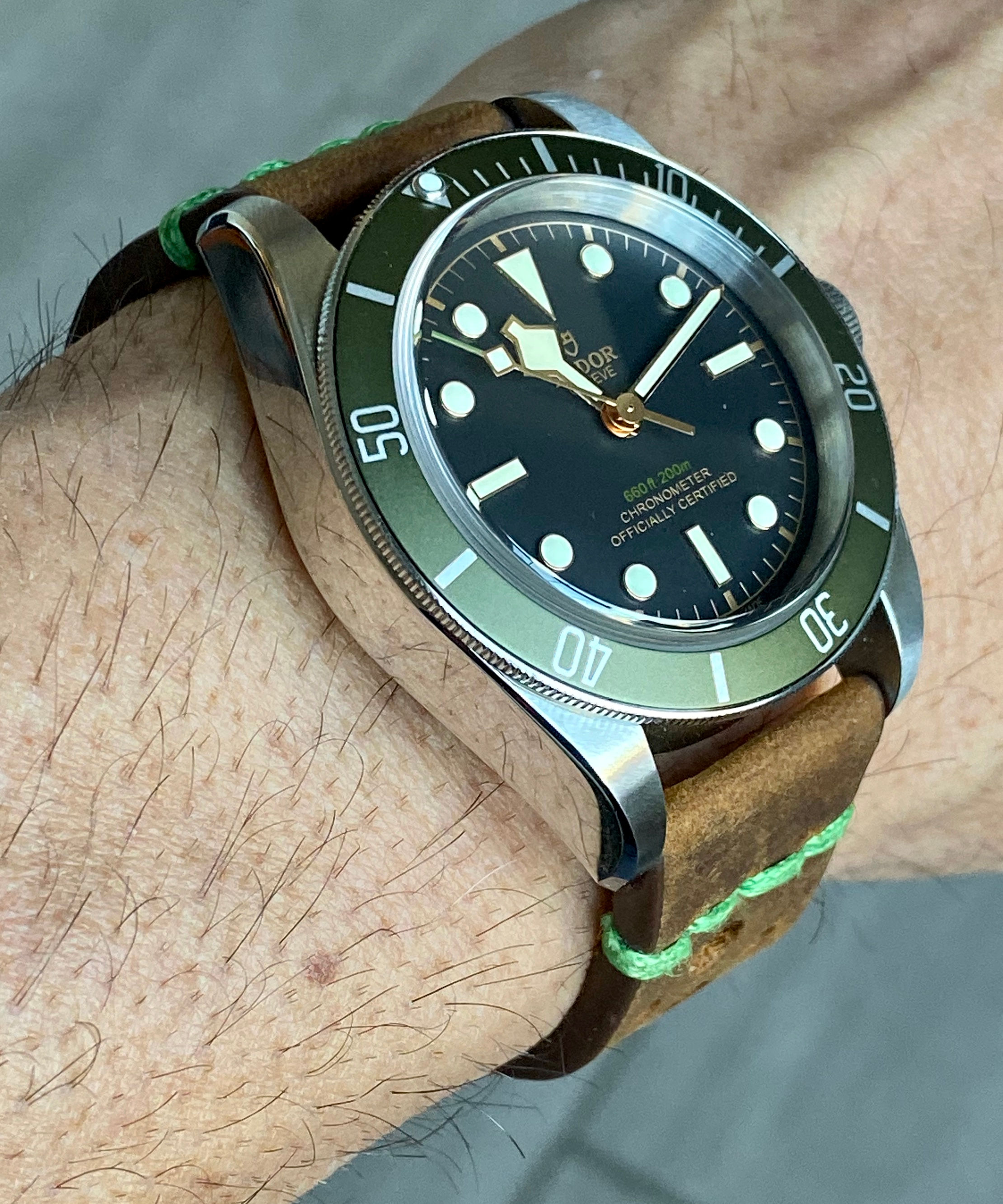 DARK BROWN Thick, Crazy Horse Leather Racing watch strap GREEN Stitch