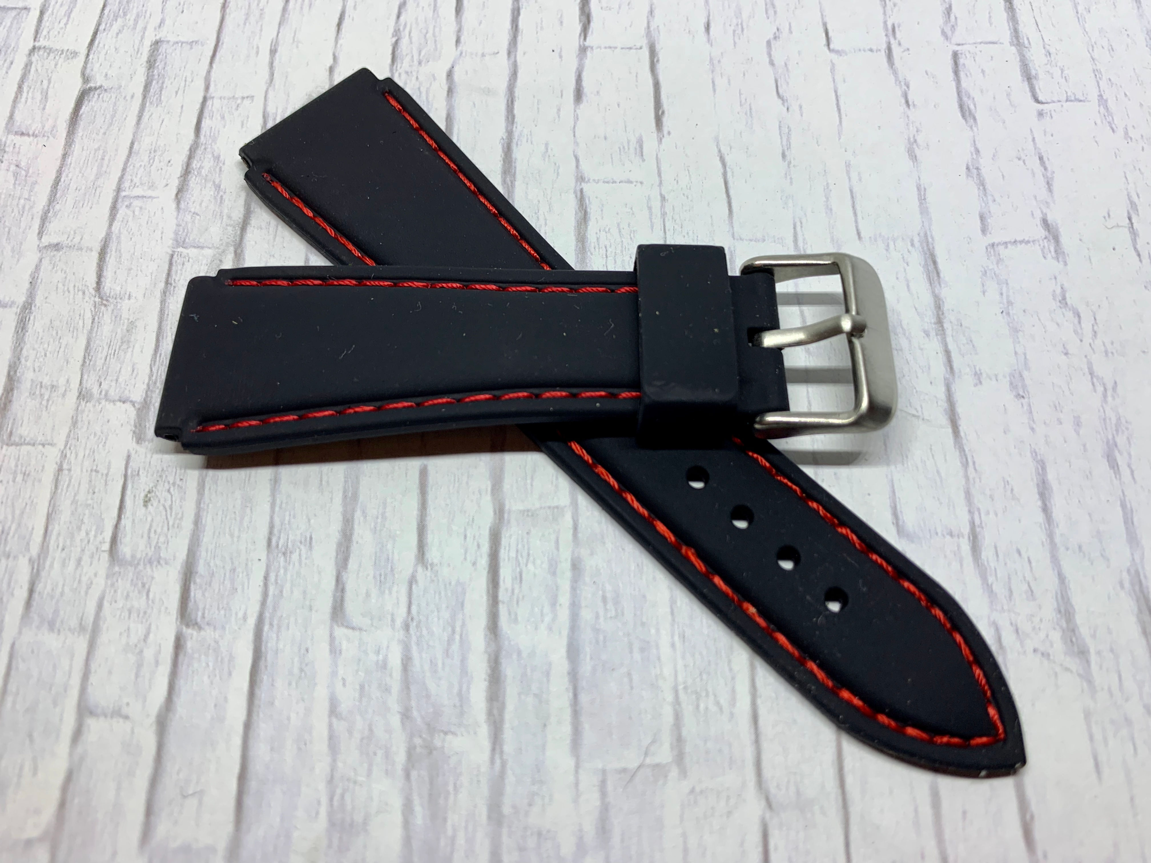 Black Rubber Flared Strap Red Stitching