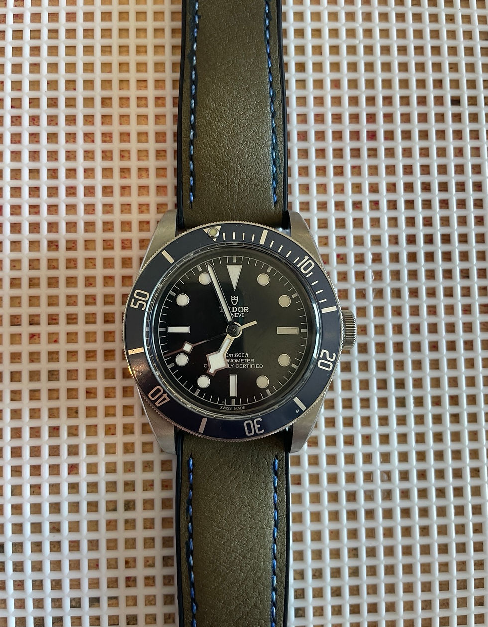 Thumbnail: 22mm Waterproof OLIVE GREEN Cow Hide Leather Watch Strap Rubber Bottom BLUE