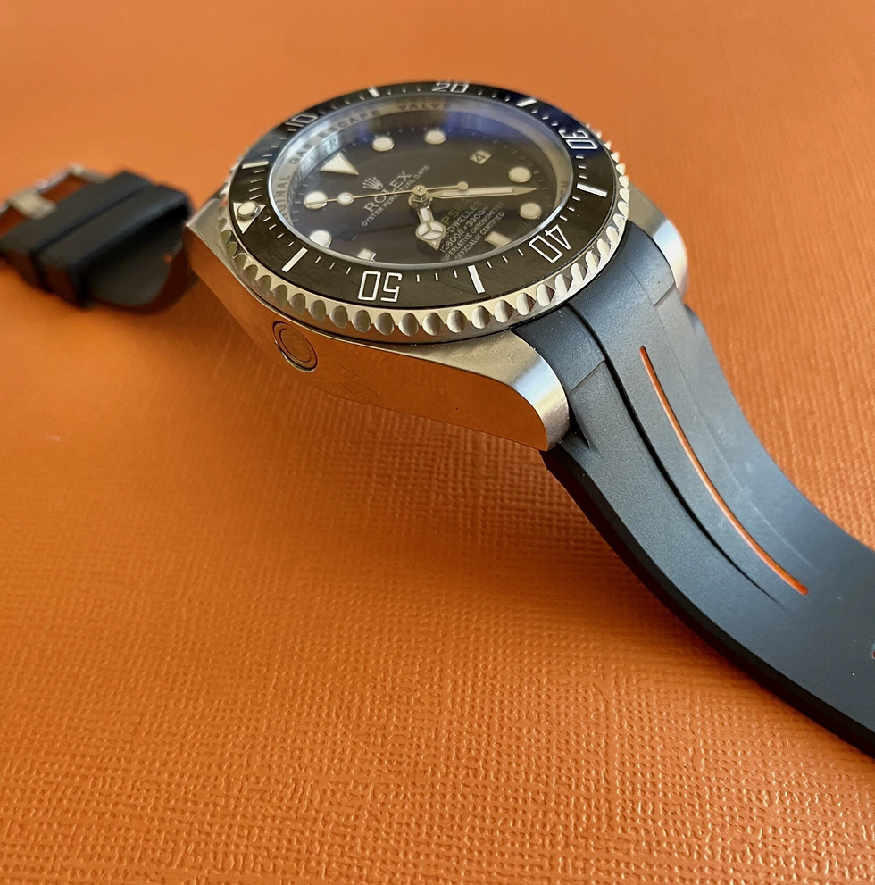 Thumbnail: 21mm Black Vulcanized Flared Rolex Rubber Strap ORANGE stripe DeepSea