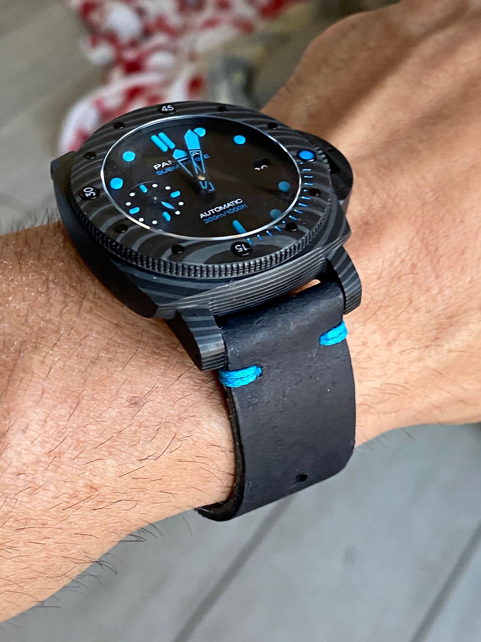 Thumbnail: Matte BLACK ADD top grain leather strap Bright BLUE Stitching