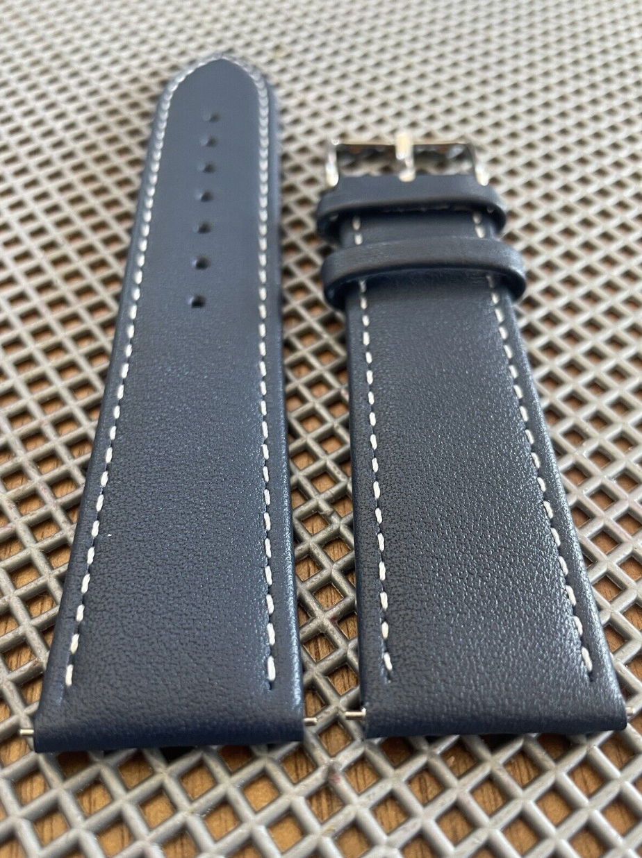 Thumbnail: NAVY thin Full Grain Leather Topside Watch Straps Band White stitch