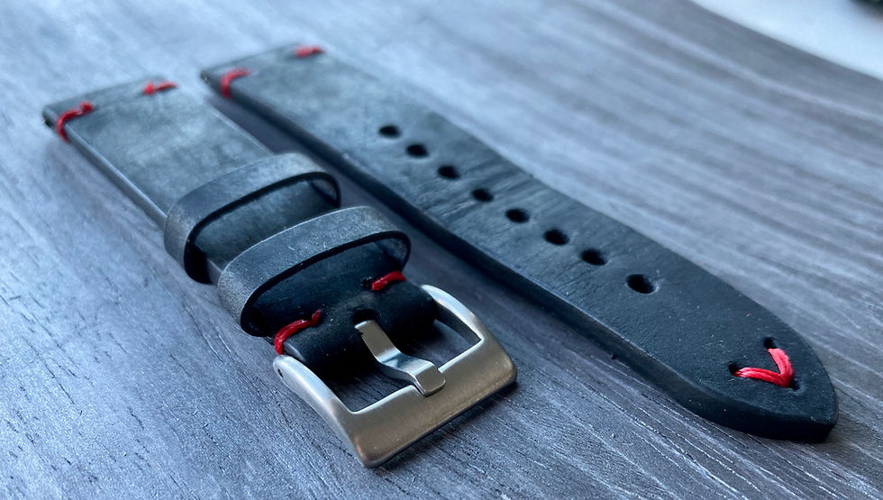 Thumbnail: BLACK Crazy Horse Leather Watch strap Thin RED Stitching