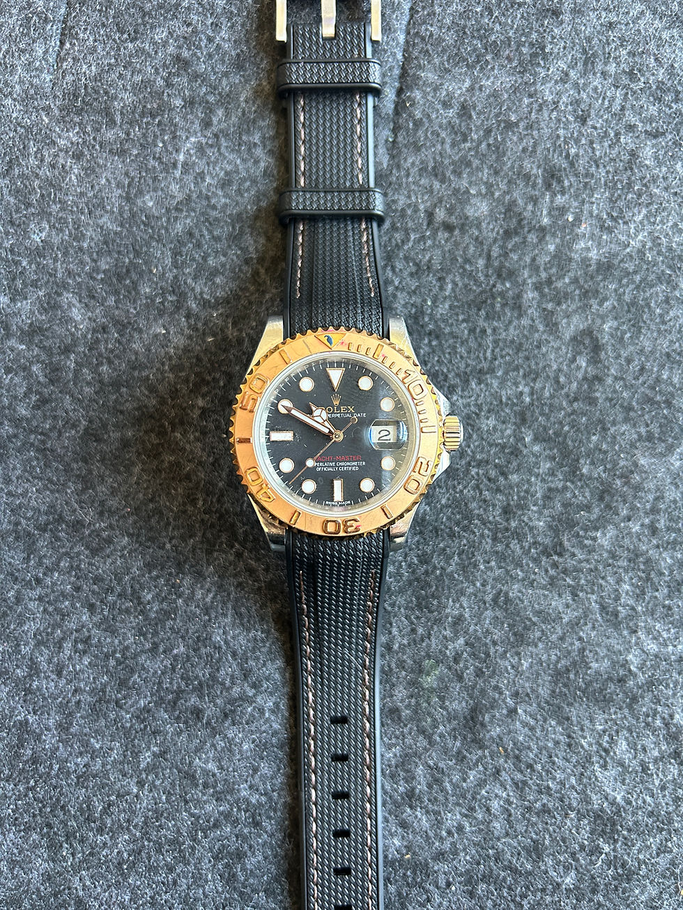 Thumbnail: 20mm BLACK Rubber Sailcloth BROWN Stitch Rolex Yacht-Master