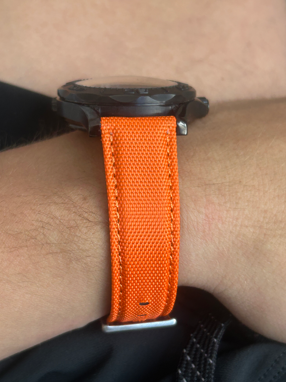 Thumbnail: ORANGE sailcloth &amp; leather strap WHITE stitch