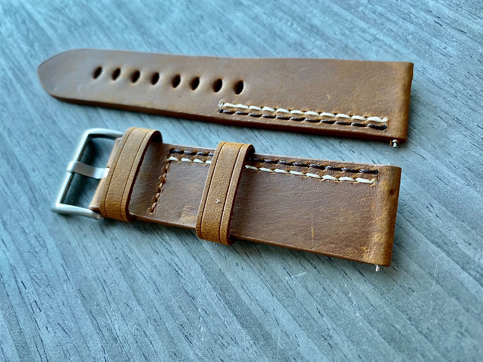 Thumbnail: BROWN Crazy Horse Leather strap/band WHITE & BROWN stitch