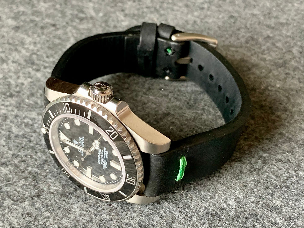 Thumbnail: Black Modern, Minimalistic Distressed Leather strap GREEN stitching