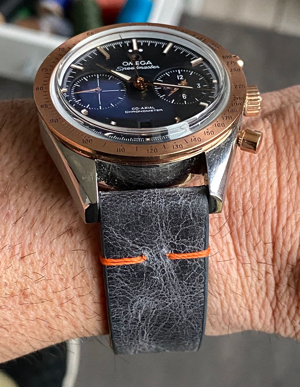Thumbnail: DARK GRAY Modern Vintage Leather strap Thin ORANGE stitch