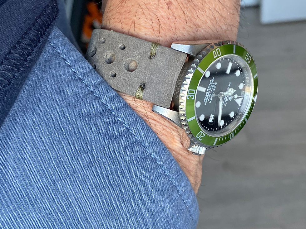 Thumbnail: GRAY Thick, Crazy Horse Leather Racing watch strap OLIVE GREEN Stitch