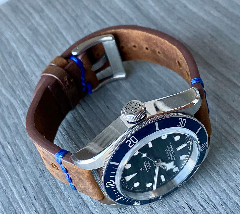 Thumbnail: BROWN Thick, Crazy Horse Leather Racing watch strap BLUE LINE Stitc
