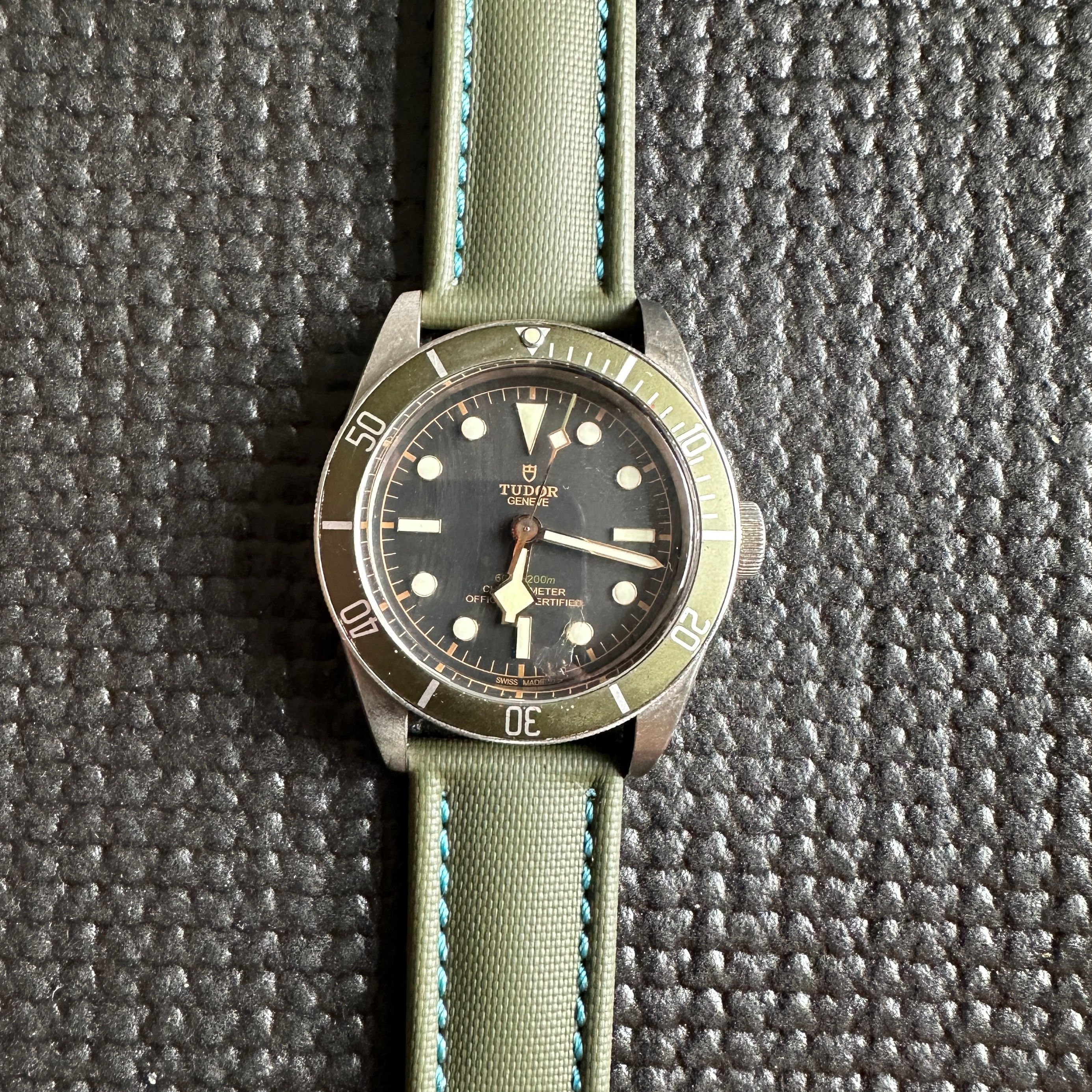 Green High Quality Real Sailcloth Waterproof Watch Strap AQUA Stitch