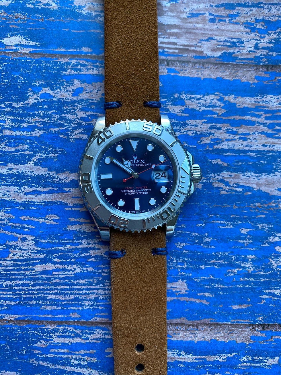 Thumbnail: Thick BROWN suede watch straps BLUE stitch