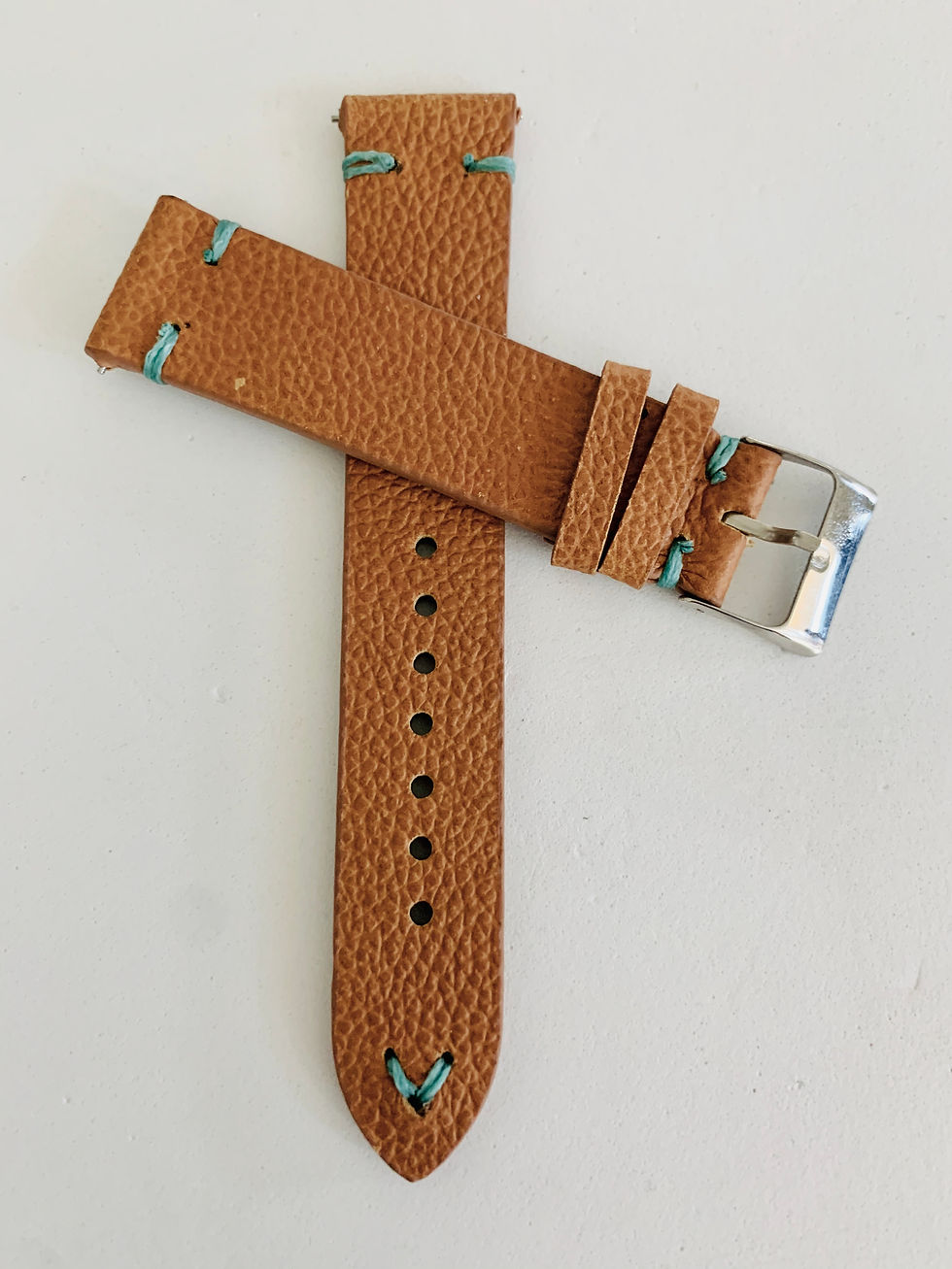 Thumbnail: TAN Horween Leather strap AQUA stitch 