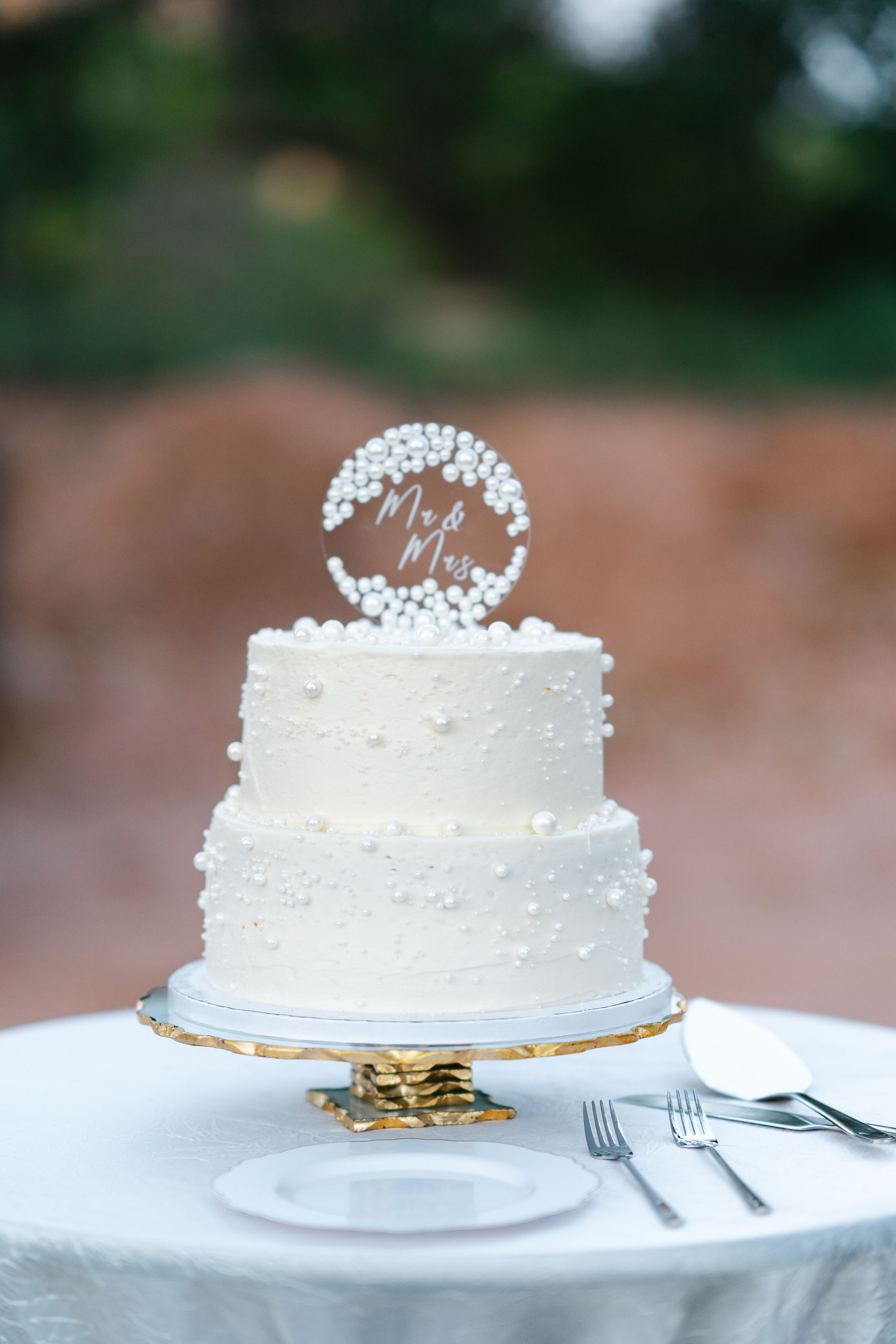 A two-tier white textured wedding cake with a "Mr. & Mrs." topper set against the desert landscape of a Zion National Park Wedding.